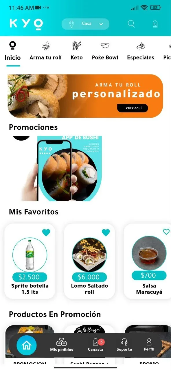 KYO: Ordering app for a sushi franchise in Chile, with an animated build-your-own-roll configurator.